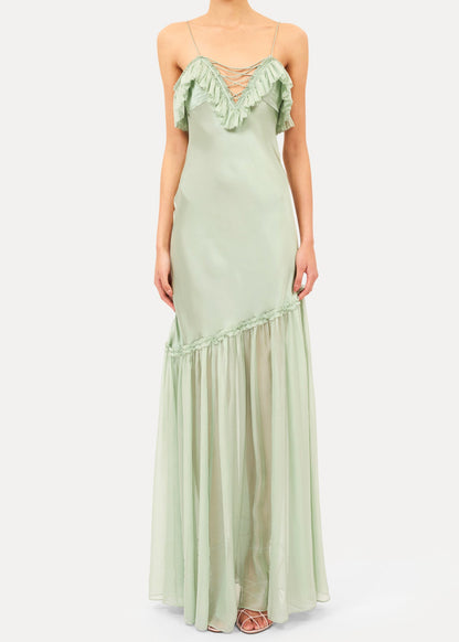 person wearing ULLA johnson womens Elaria Cami Silk Gown with Lace Up celadon green