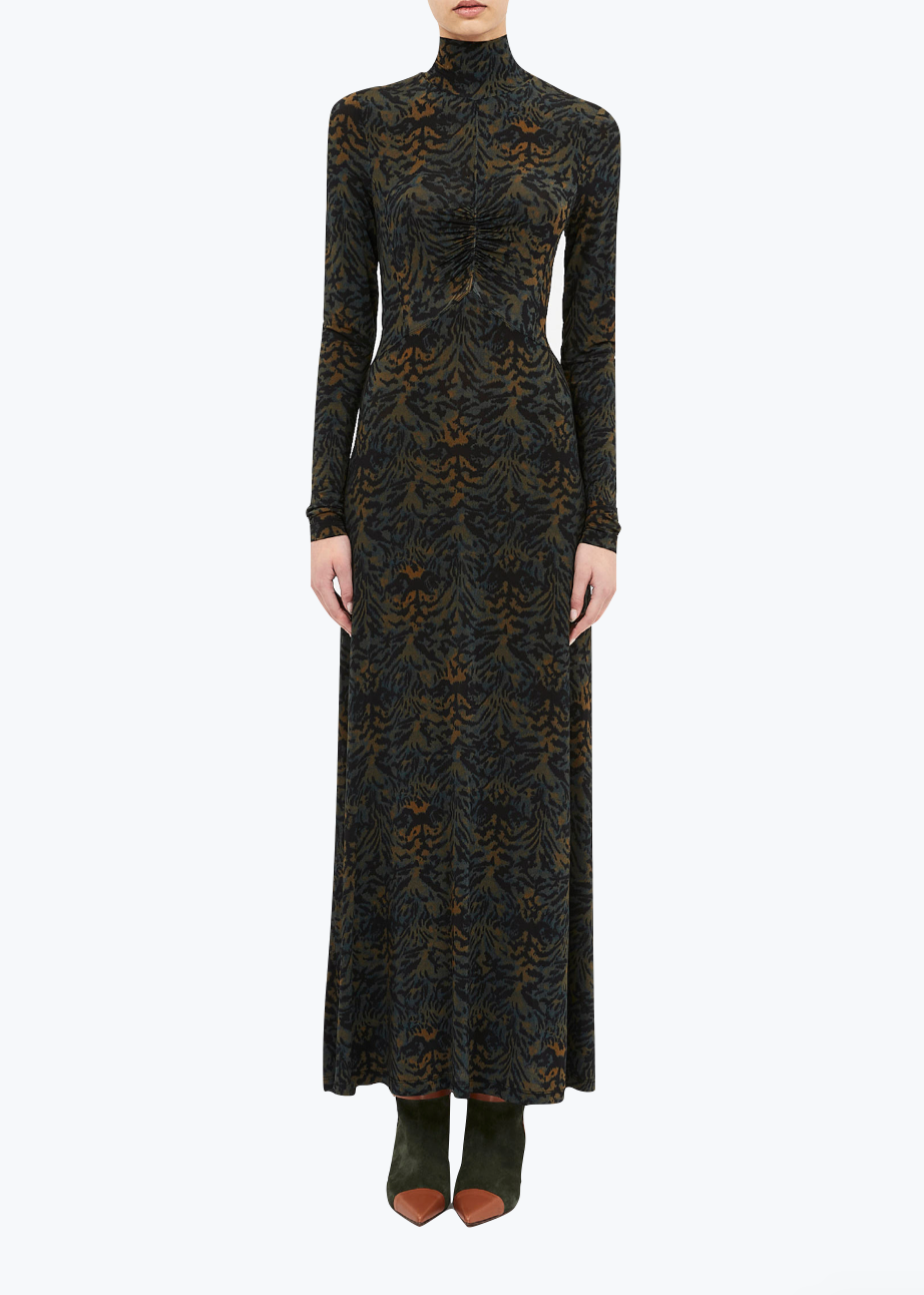 Person wearing Ulla Johnson Koa Jersey Ruched Front Turtleneck Dress