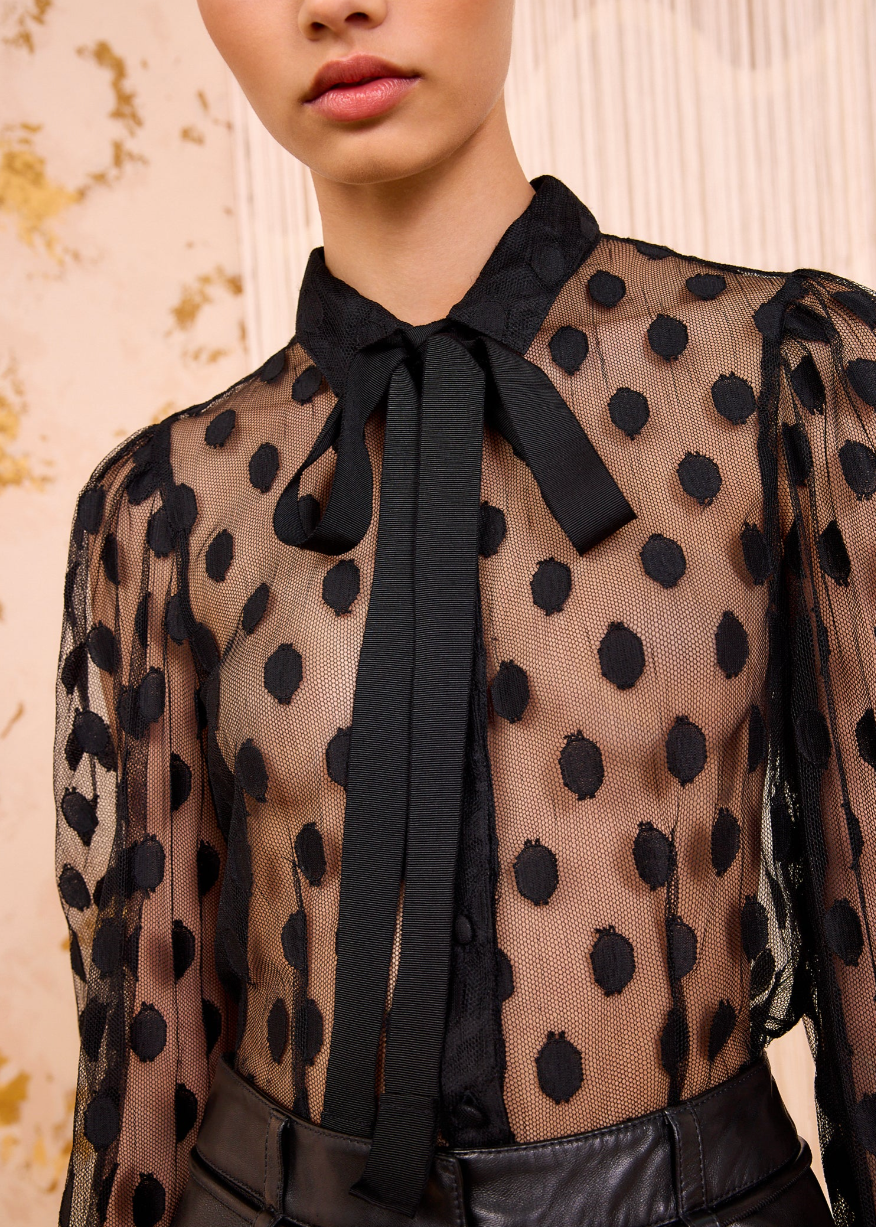 Person wearing Ulla Johnson Soraya Lace Neck–Tie Blouse Black