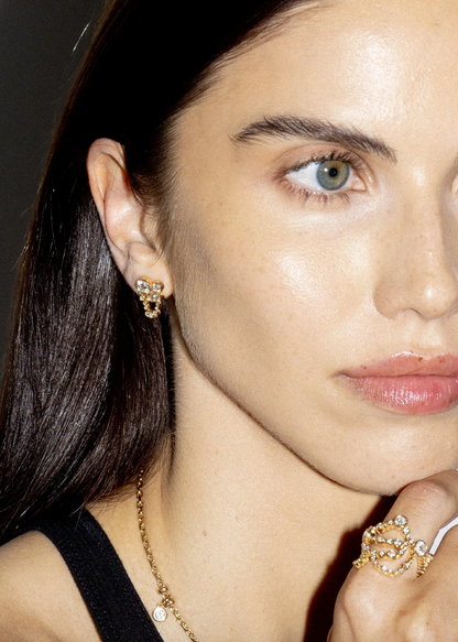 Person wearing Uniform Object fine jewelry 18k yellow gold diamonds Metal Web Ring and Earring