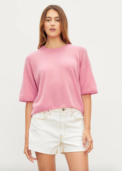 Person wearing Velvet Blake Cashmere Crew Neck Sweater Bloom Pink