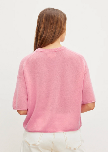 Person wearing Velvet Blake Cashmere Crew Neck Sweater Bloom Pink
