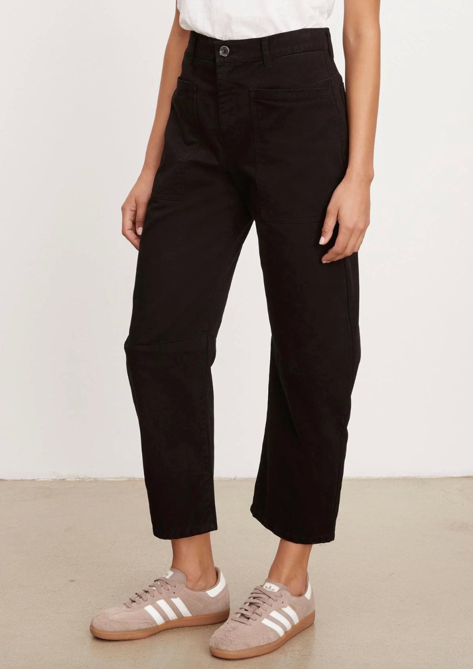 Person wearing Velvet Brylie Sanded Twill Pant in Vintage Black