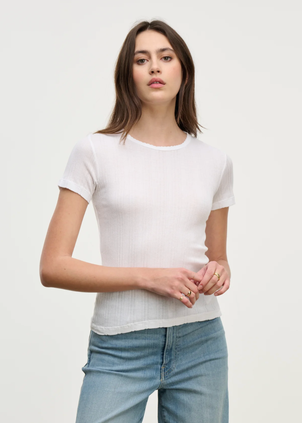 Person wearing Velvet Enati Pointelle Tee in Ecru