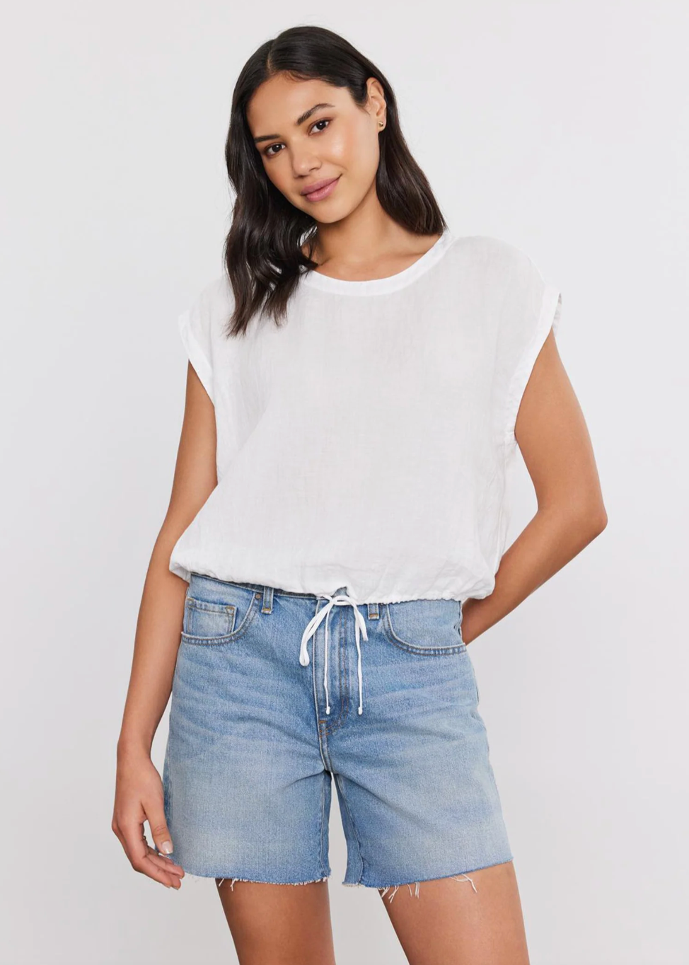 Person wearing Velvet Women's Bayla Linen Top