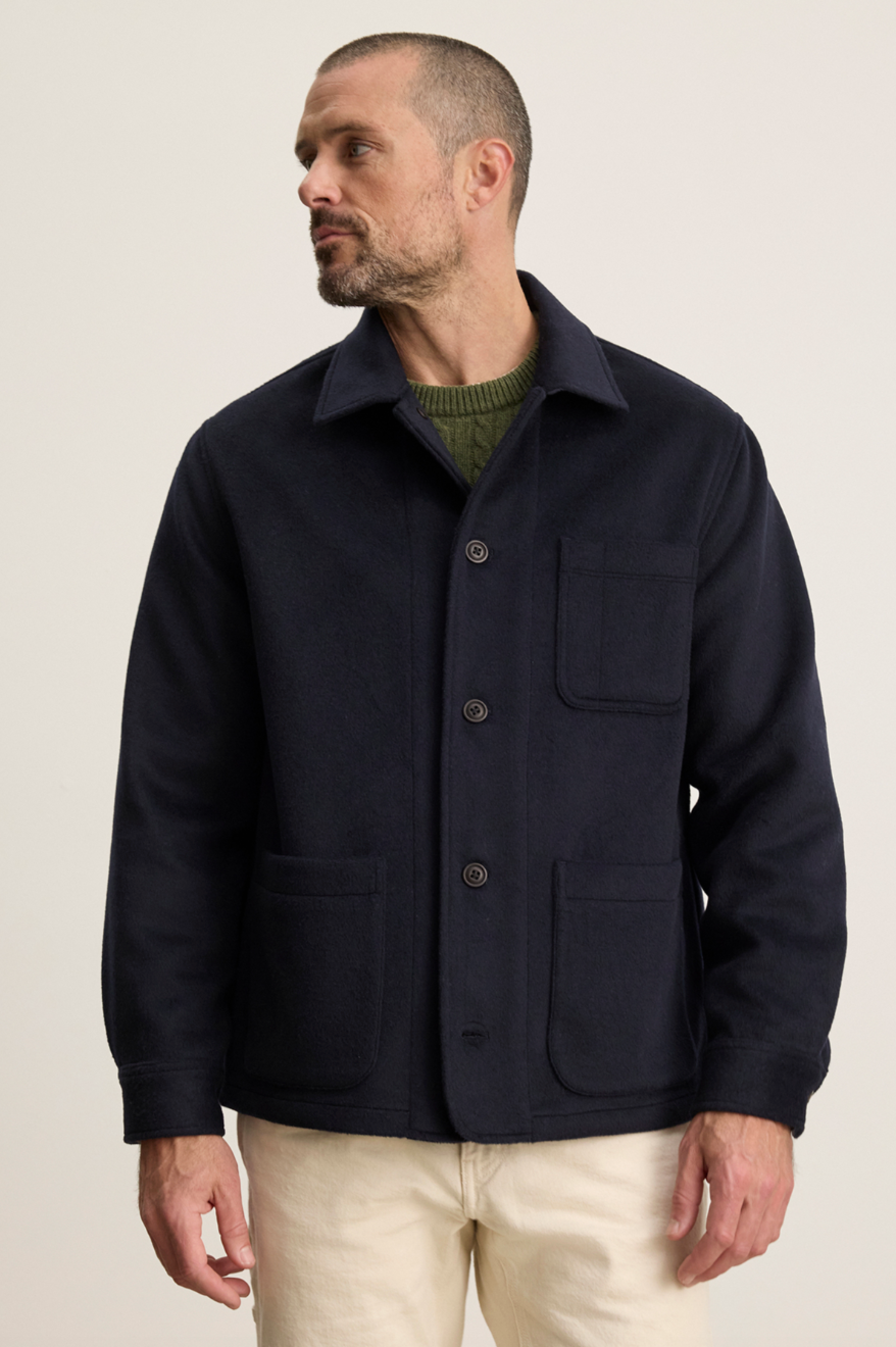 Person wearing Velvet tees mens Emerson Chore Jacket Navy blue
