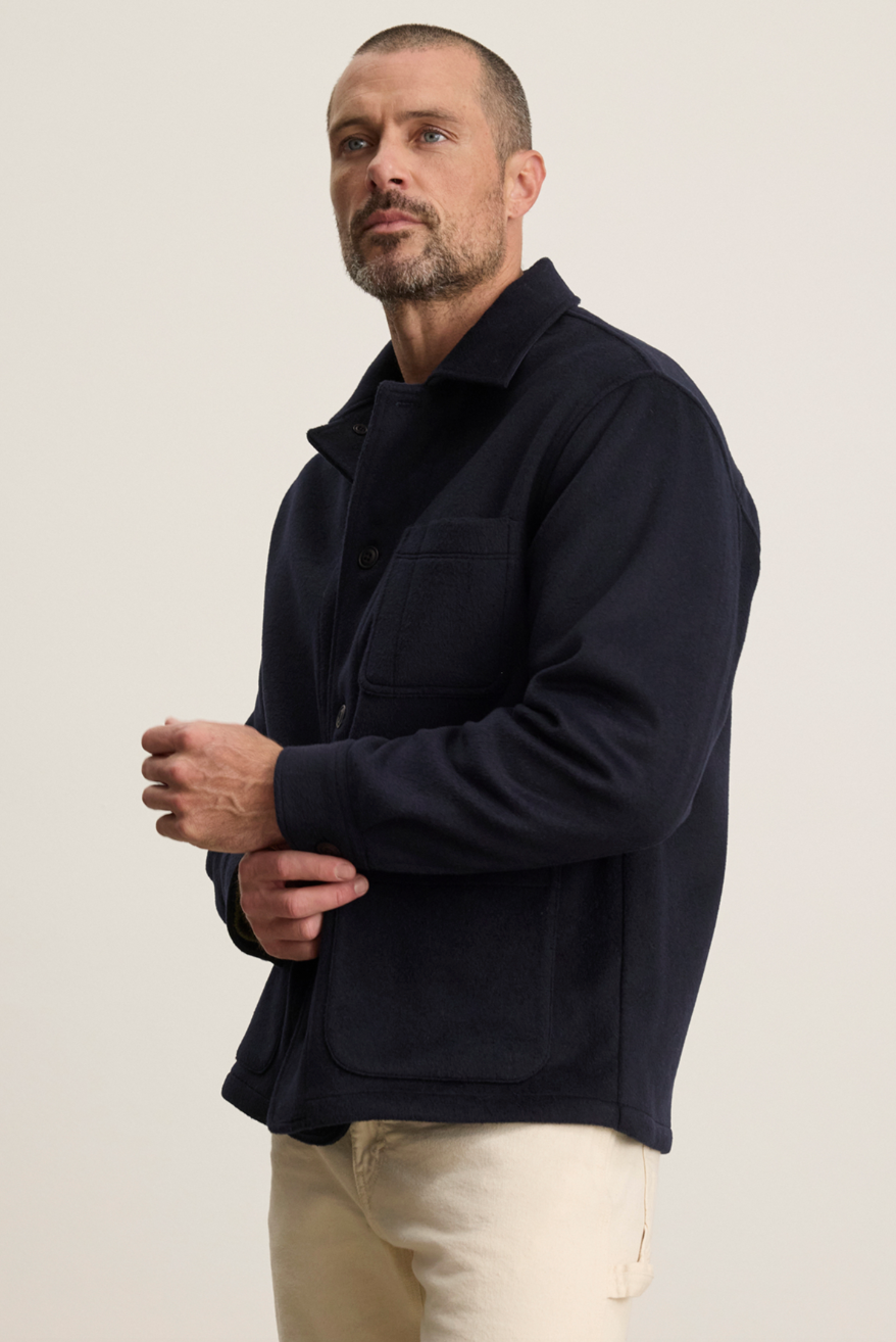 Person wearing Velvet tees mens Emerson Chore Jacket Navy blue
