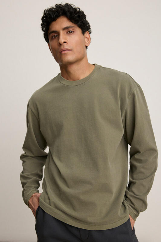 Person wearing Velvet tees mens Finnick Long Sleeve Crew cactus green