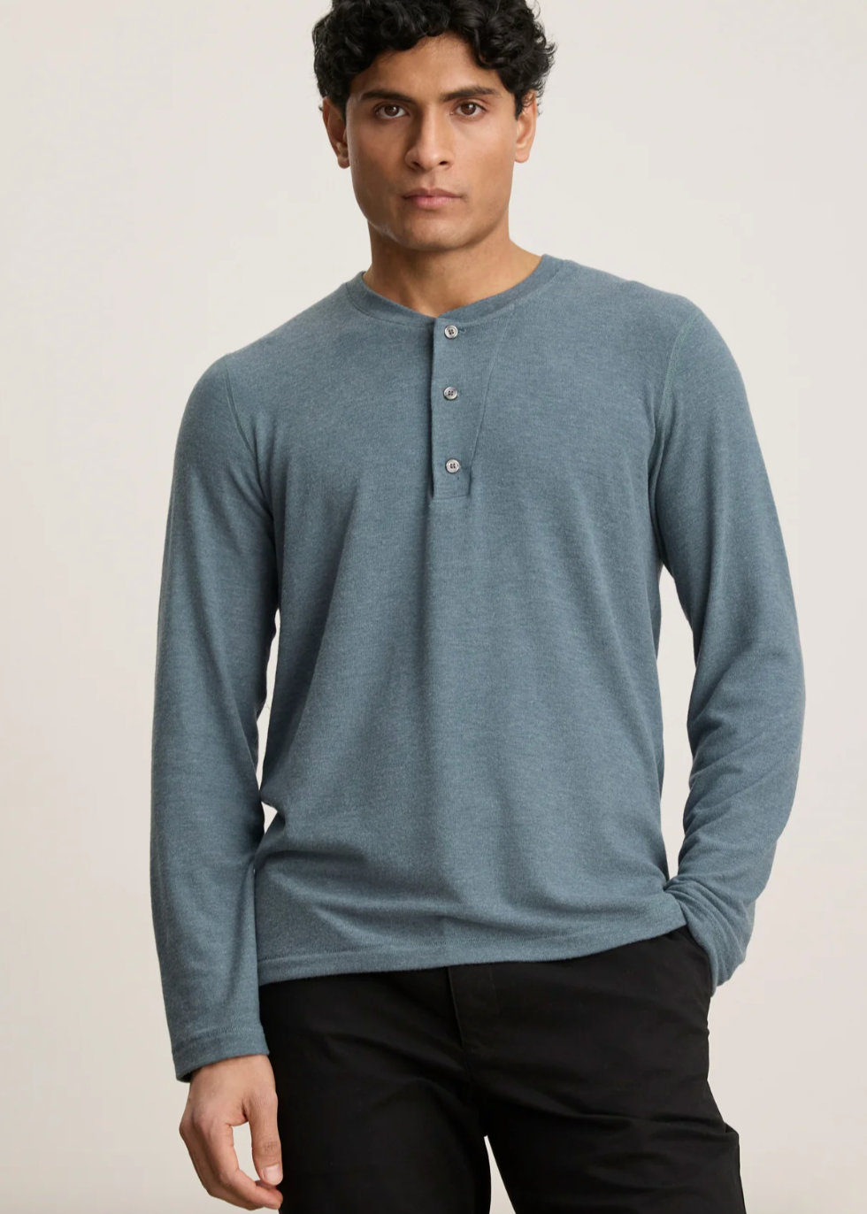 Person wearing Velvet tees mens Ryland Long Sleeve Henley in Anthracite