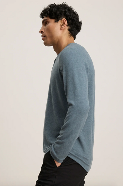 Person wearing Velvet tees mens Ryland Long Sleeve Henley in Anthracite