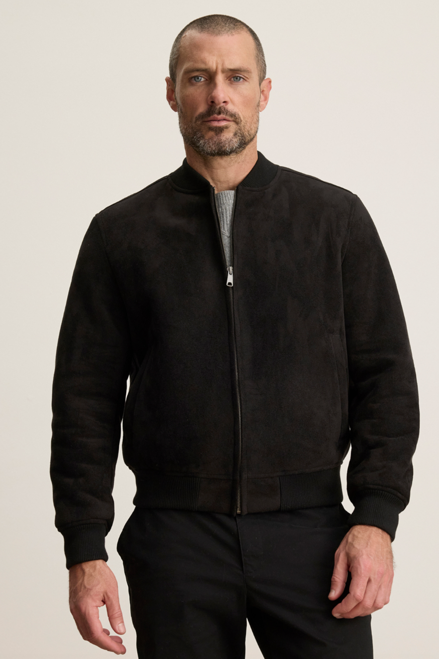 Person wearing Velvet tees mens suede Amias Sherpa Bomber Jacket