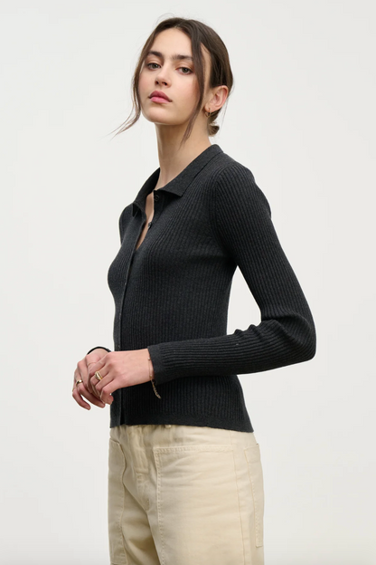 Person wearing Velvet tees womens Nikki Cotton Cashmere Cardigan cinder grey