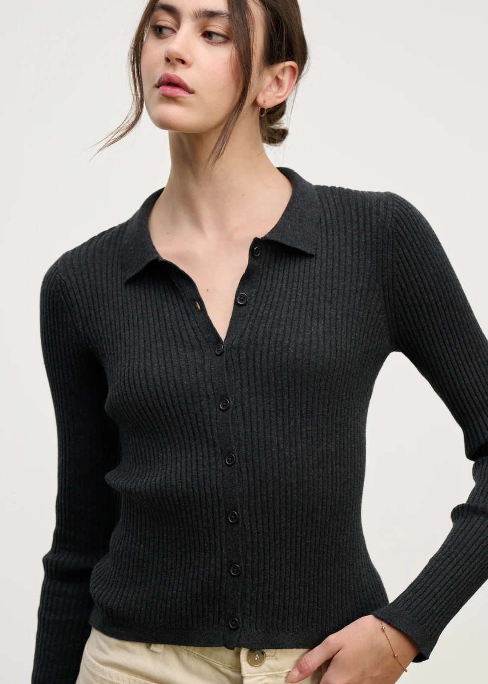 Person wearing Velvet tees womens Nikki Cotton Cashmere Cardigan cinder grey