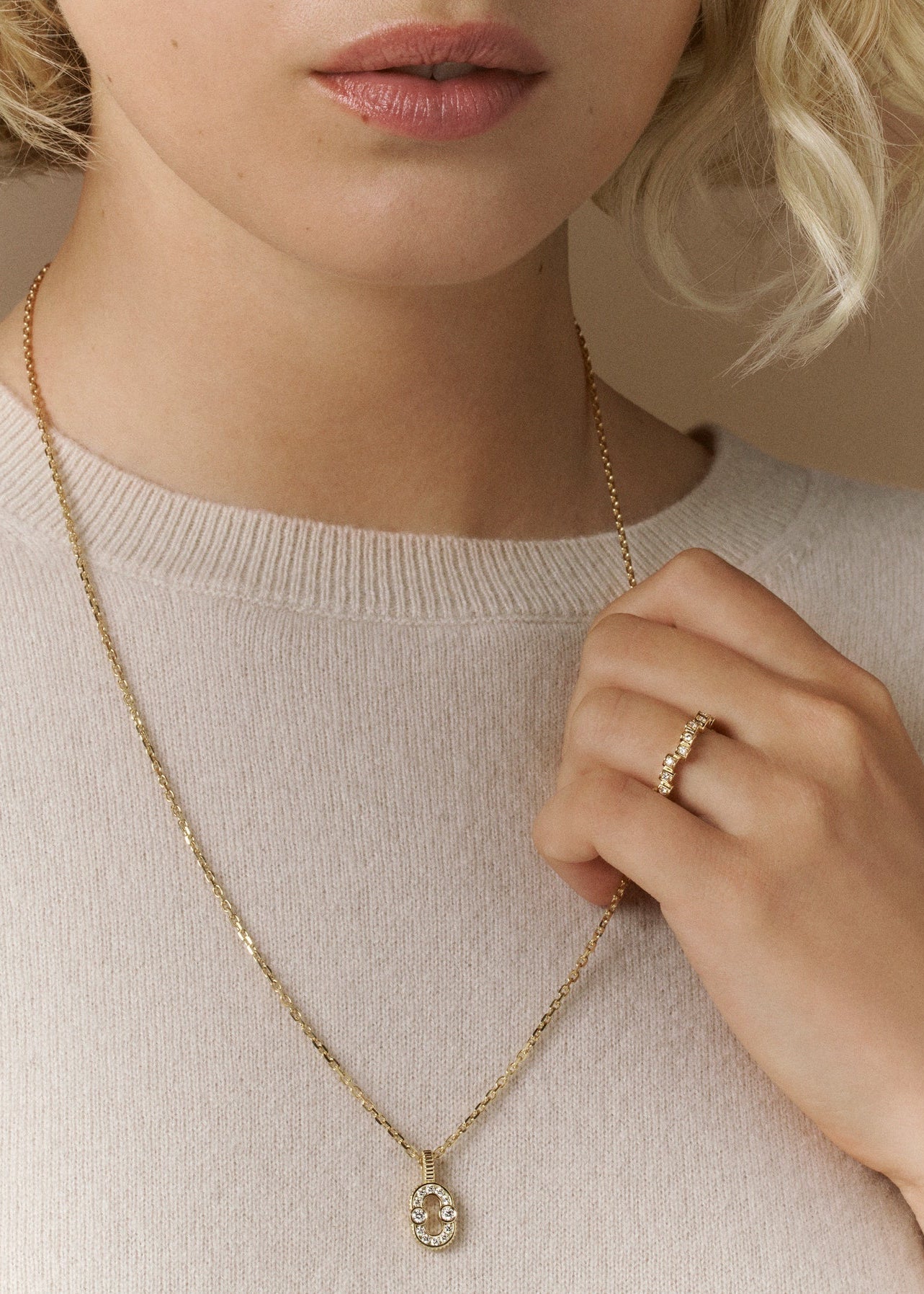 person wearing Viltier fine jewelry 18k yellow gold Magnetic Pendant with Diamonds on chain