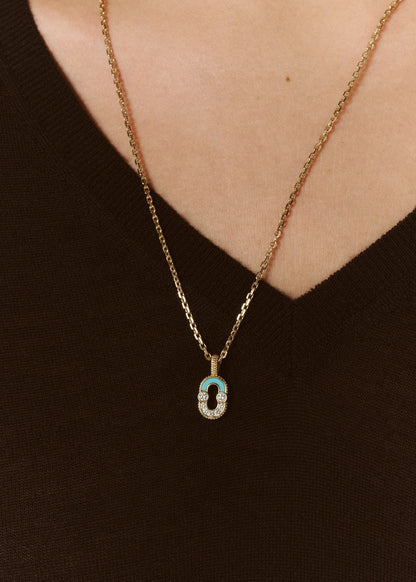 person wearing Viltier fine jewelry 18k yellow gold Magnetic Pendant with Turquoise and Diamonds