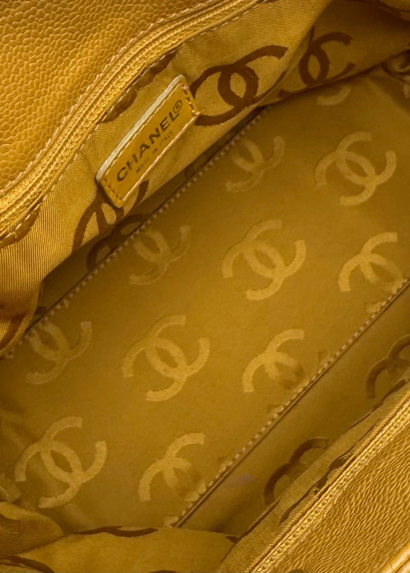 Vintage Chanel Mustard Caviar Drawstring Shoulder Tote with Tortoise Grommets