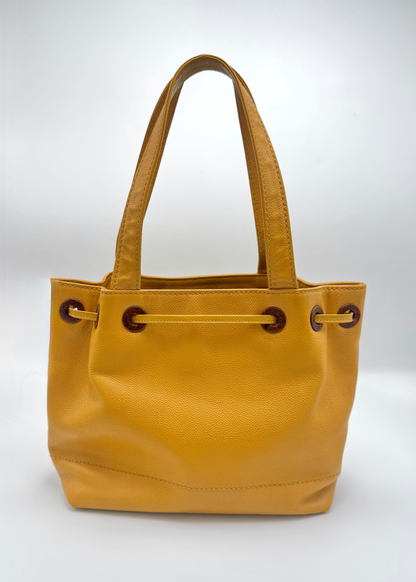 Vintage Chanel Mustard Caviar Drawstring Shoulder Tote with Tortoise Grommets