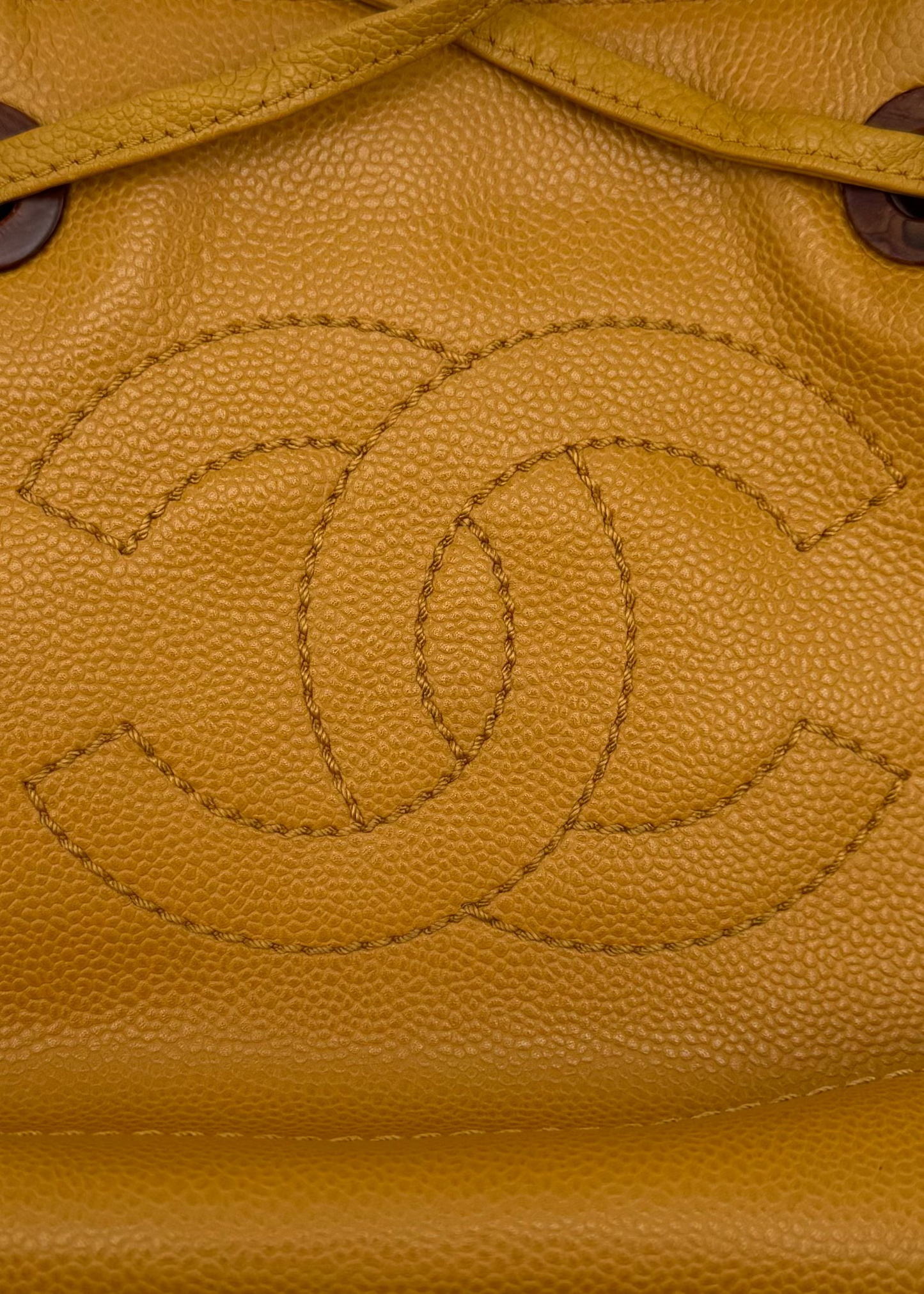 Vintage Chanel Mustard Caviar Drawstring Shoulder Tote with Tortoise Grommets