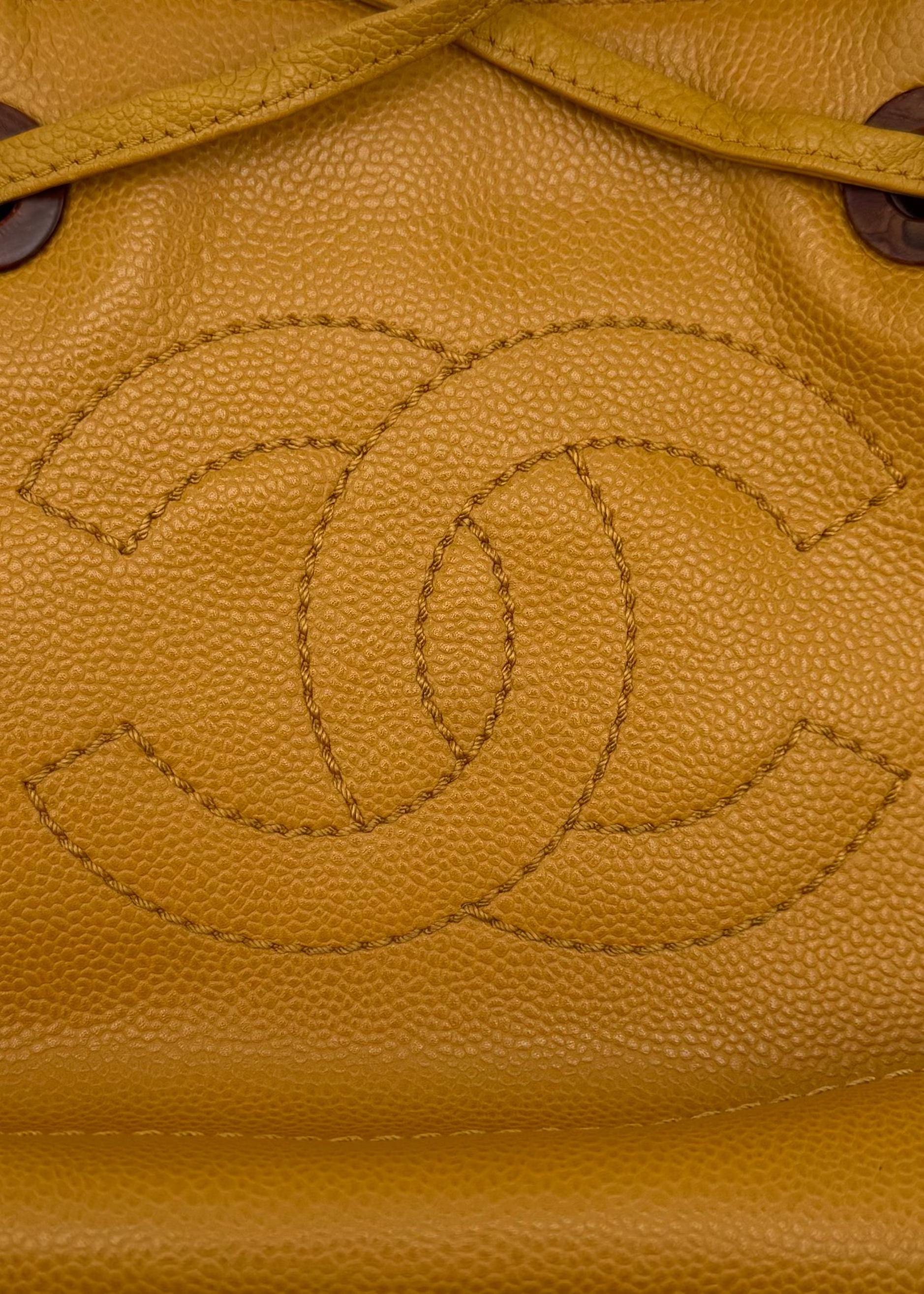 Vintage Chanel Mustard Caviar Drawstring Shoulder Tote with Tortoise Grommets