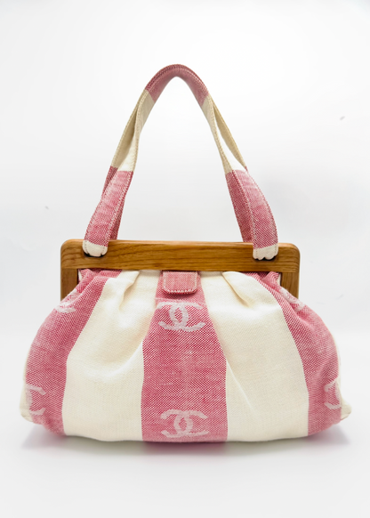 Vintage Chanel Striped Logo Canvas Wood Frame Tote Bag