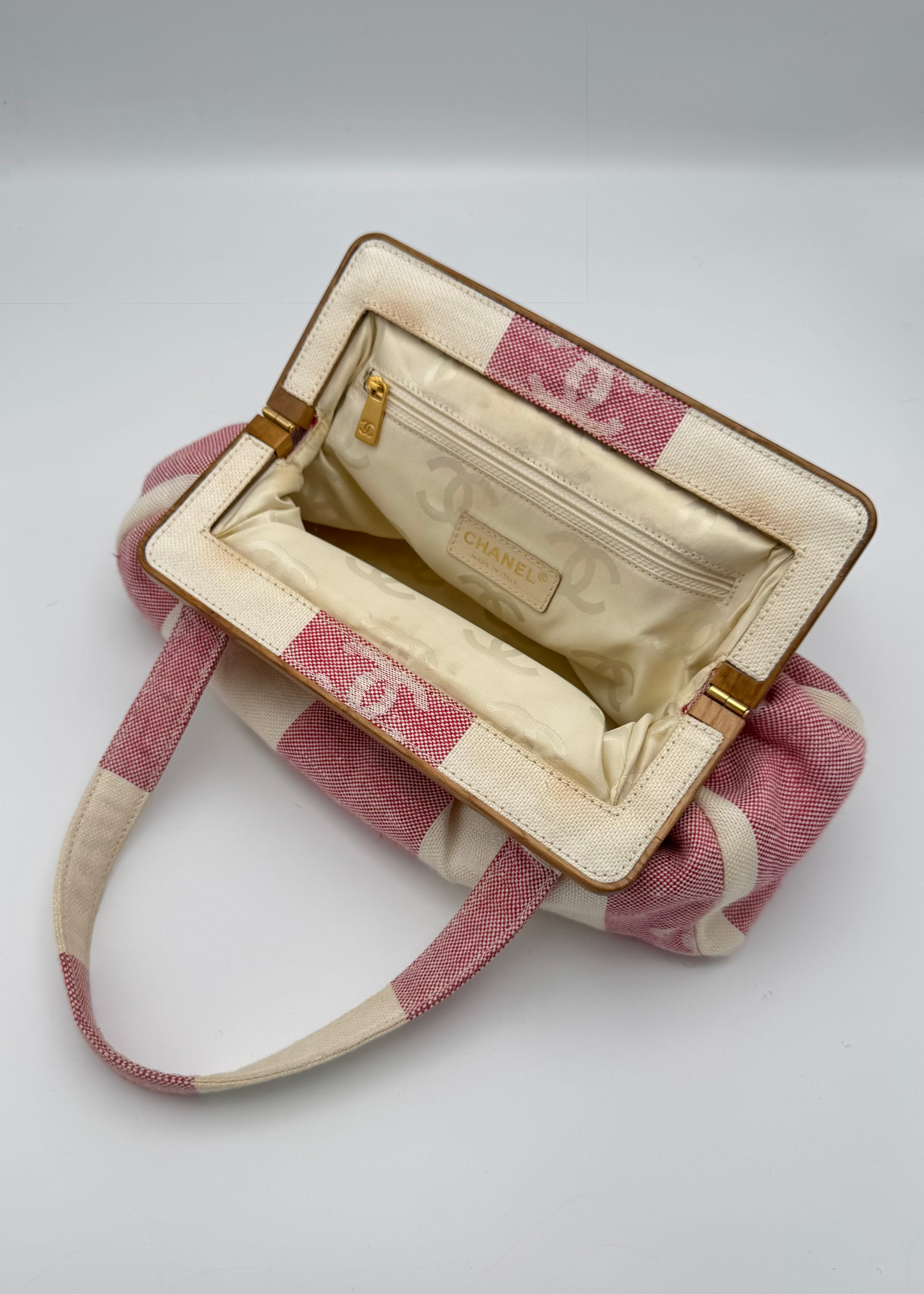 Vintage Chanel Striped Logo Canvas Wood Frame Tote Bag