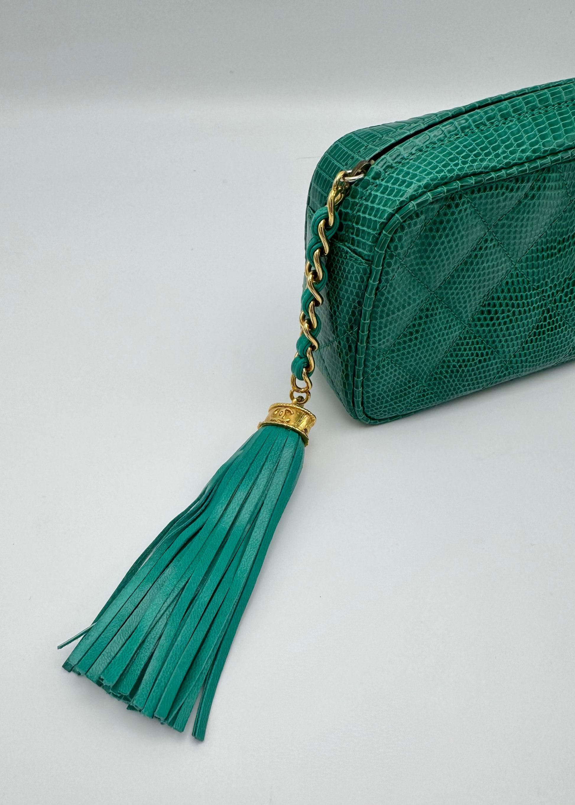 Vintage Chanel Teal Lizard Quilted Tassel Clutch