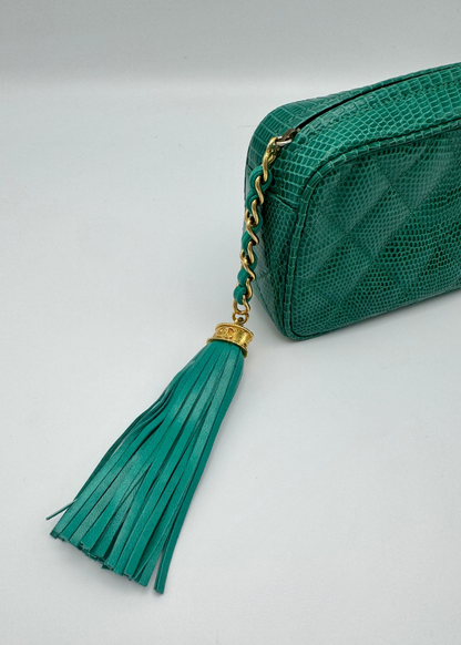 Vintage Chanel Teal Lizard Quilted Tassel Clutch