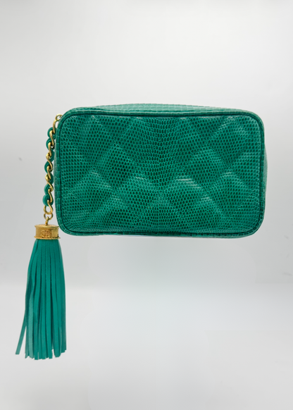 Vintage Chanel Teal Lizard Quilted Tassel Clutch
