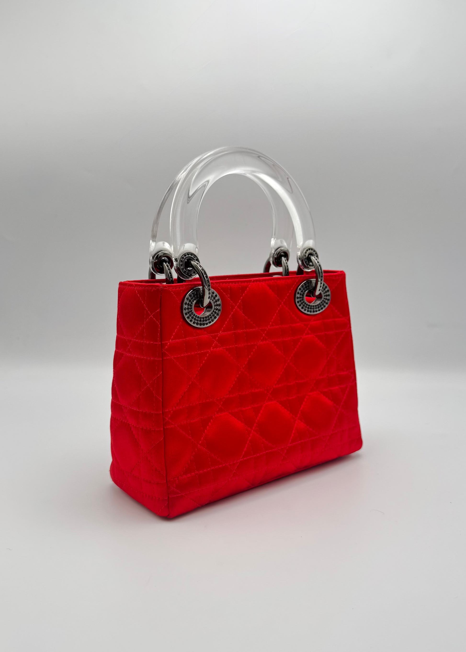 Vintage Christian Dior Lady Dior Cannage Satin Bag with Lucite Handles