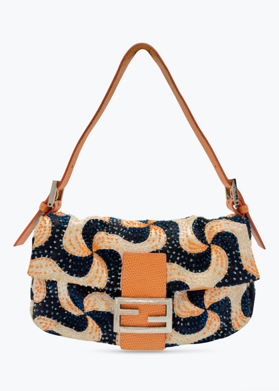 Vintage Fendi Baguette Beaded Orange Black Blue Swirls Bag with Lizard