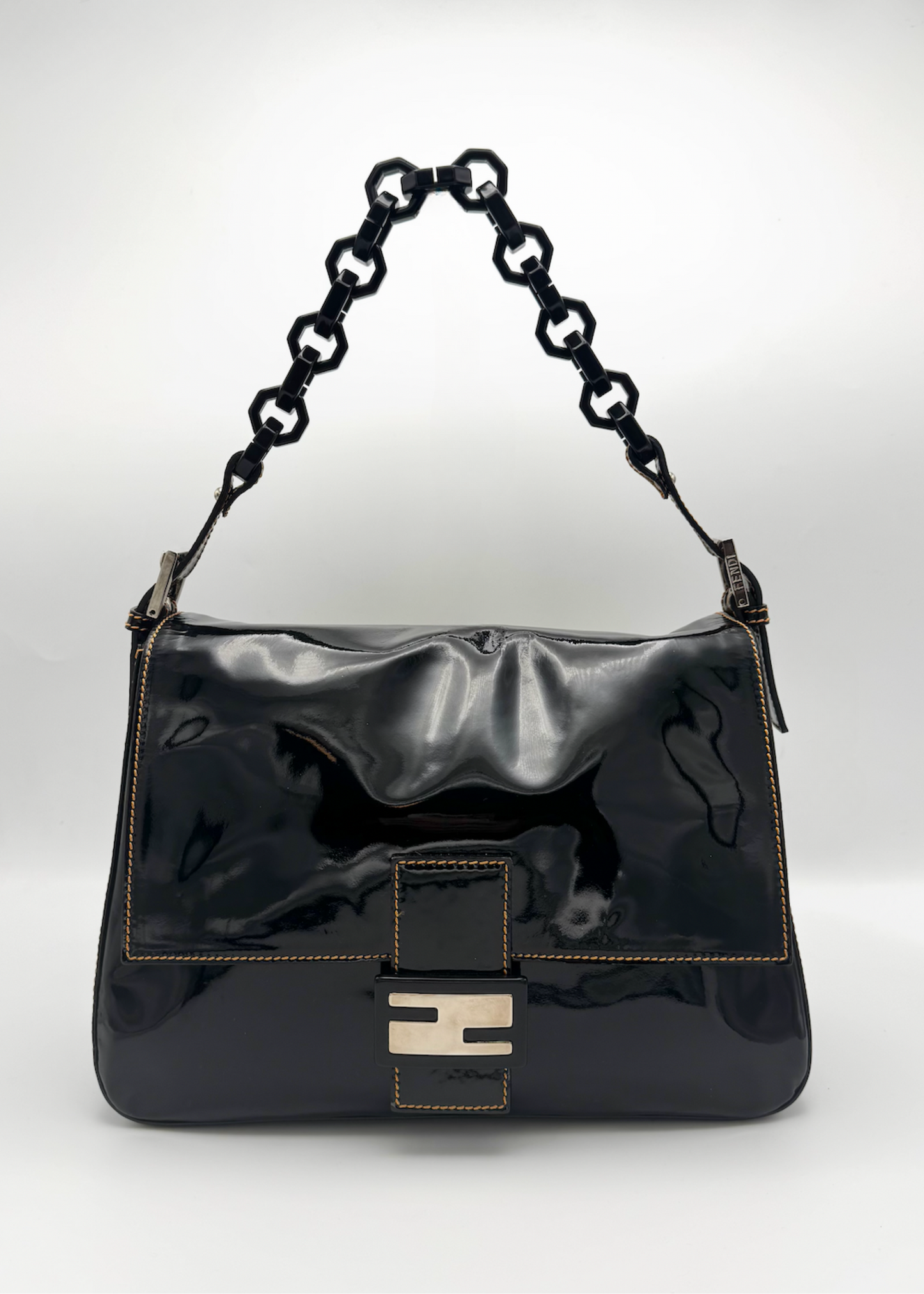 Vintage Fendi Black Patent Leather Mamma Baguette Shoulder Bag