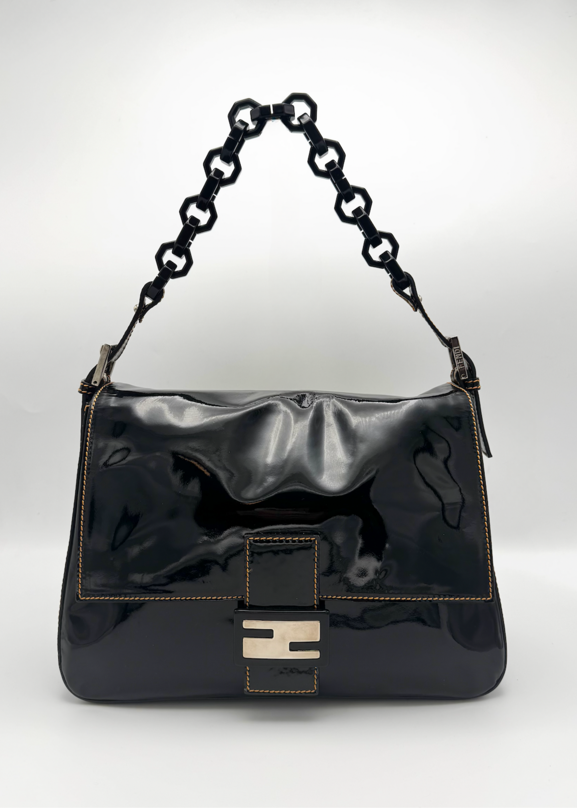 Vintage Fendi Black Patent Leather Mamma Baguette Shoulder Bag