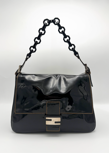 Vintage Fendi Black Patent Leather Mamma Baguette Shoulder Bag