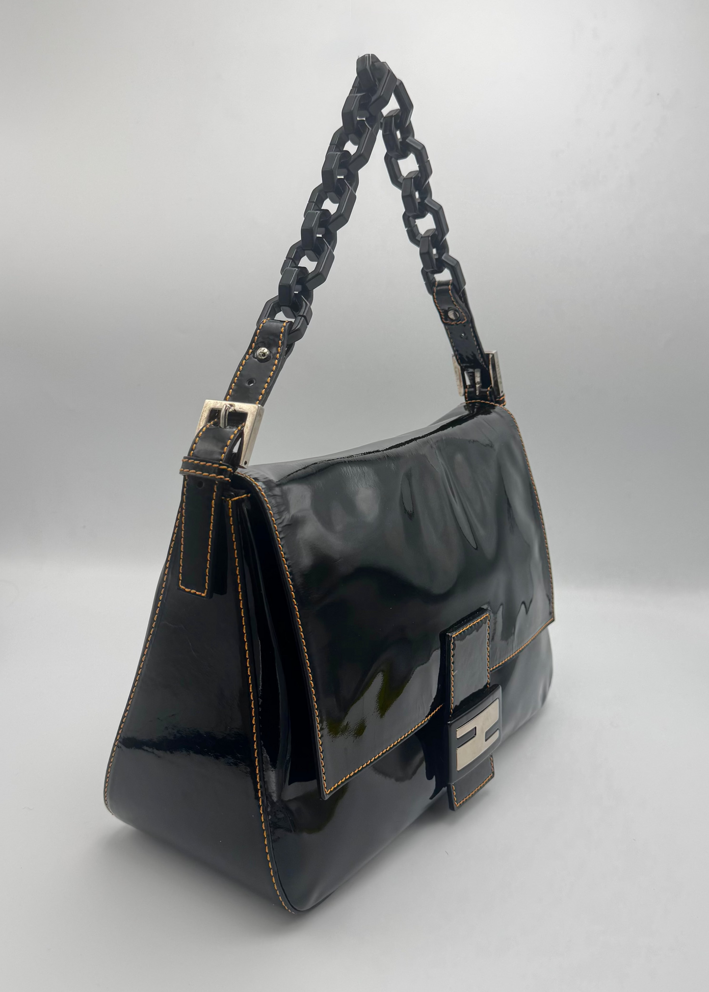Vintage Fendi Black Patent Leather Mamma Baguette Shoulder Bag