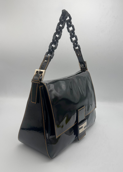 Vintage Fendi Black Patent Leather Mamma Baguette Shoulder Bag