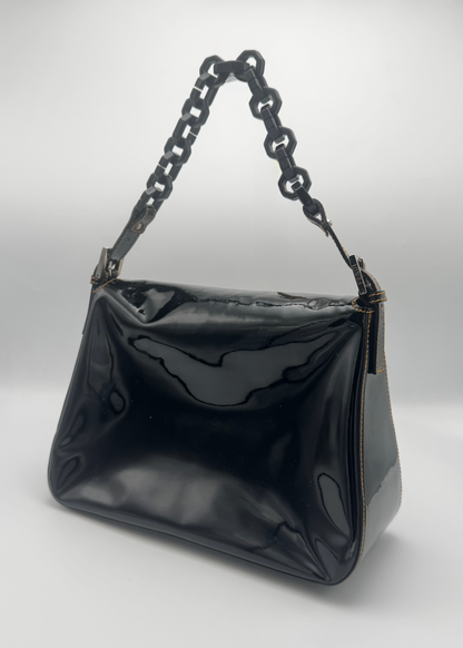 Vintage Fendi Black Patent Leather Mamma Baguette Shoulder Bag