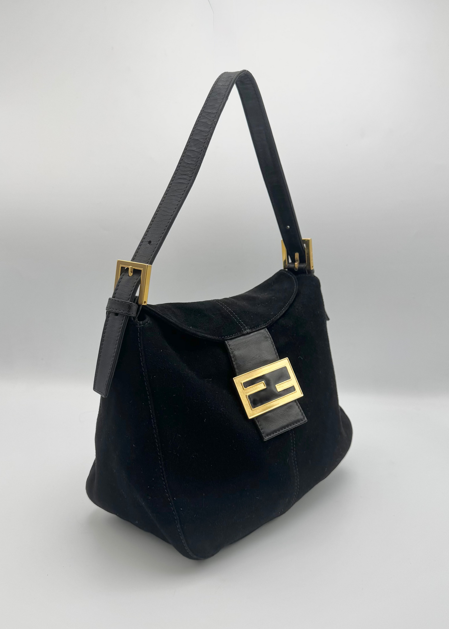 Vintage Fendi Black Suede FF Shoulder Bag