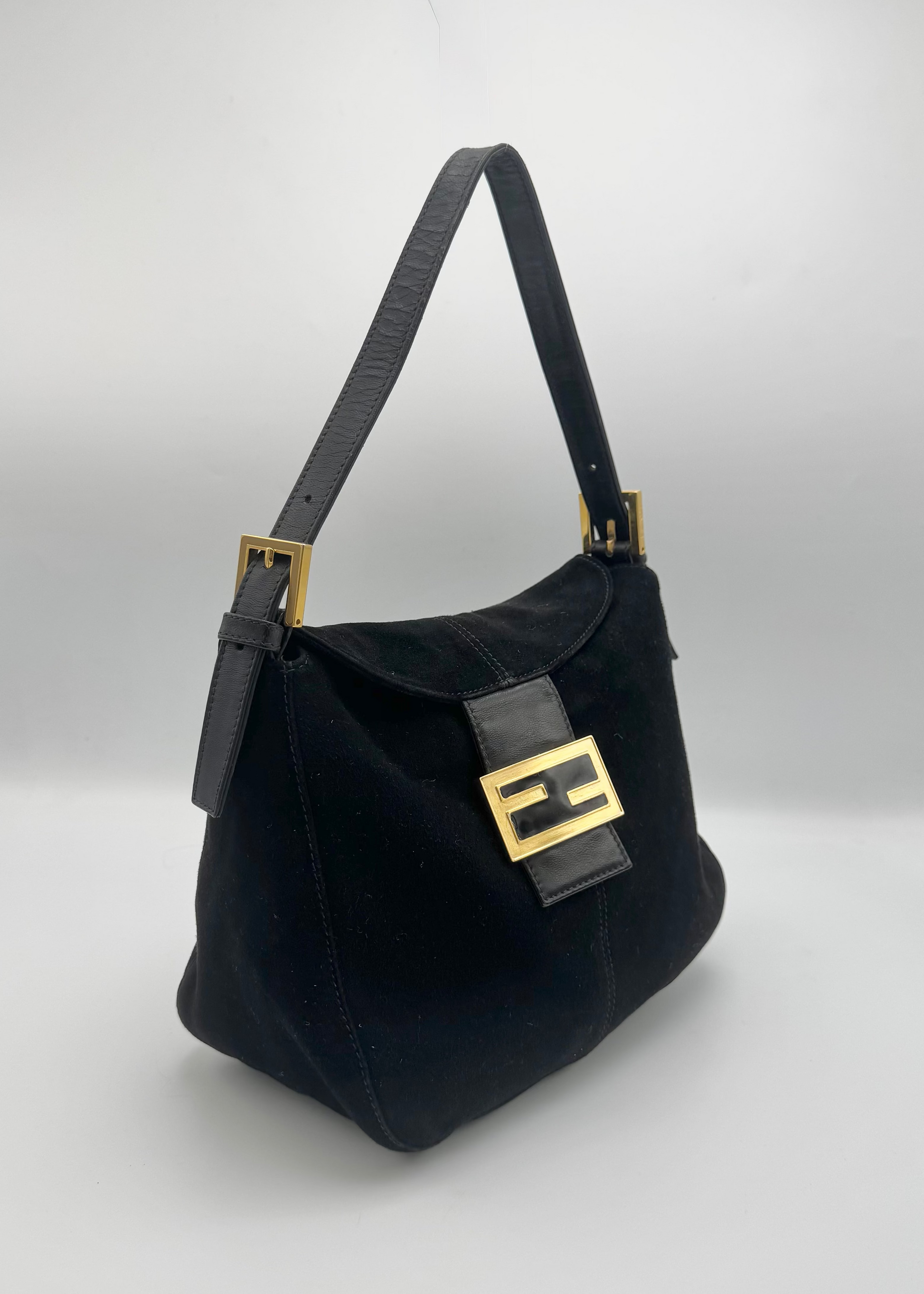 Vintage Fendi Black Suede FF Shoulder Bag