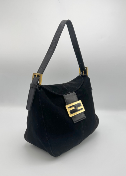 Vintage Fendi Black Suede FF Shoulder Bag