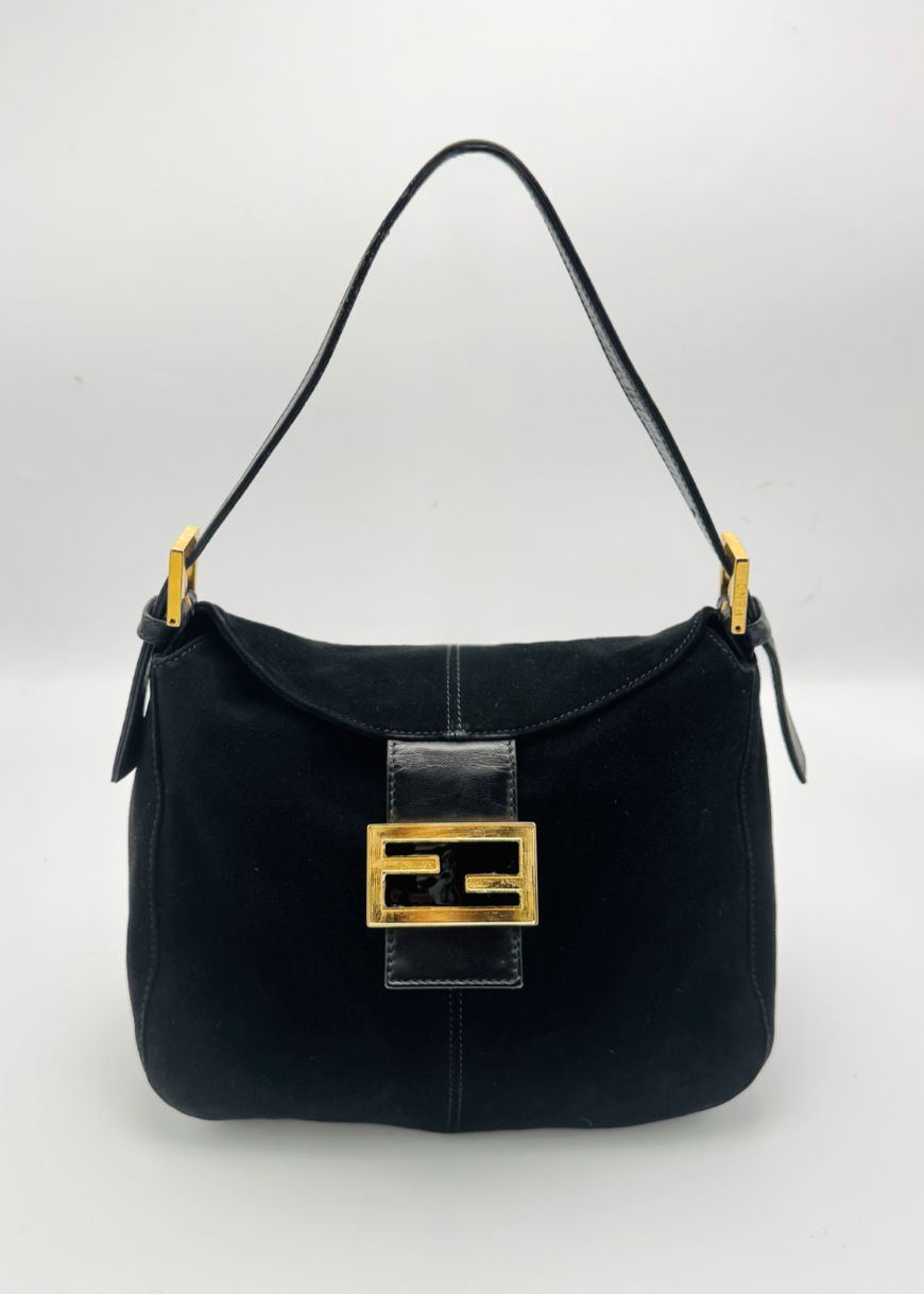 Vintage Fendi Black Suede FF Shoulder Bag