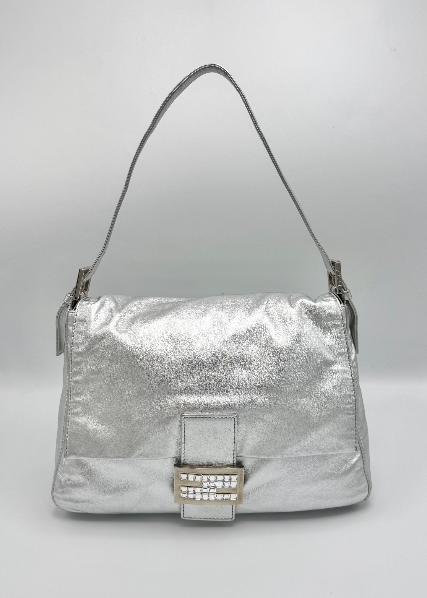 Vintage Fendi Crystal Logo Mamma Shoulder Baguette Bag