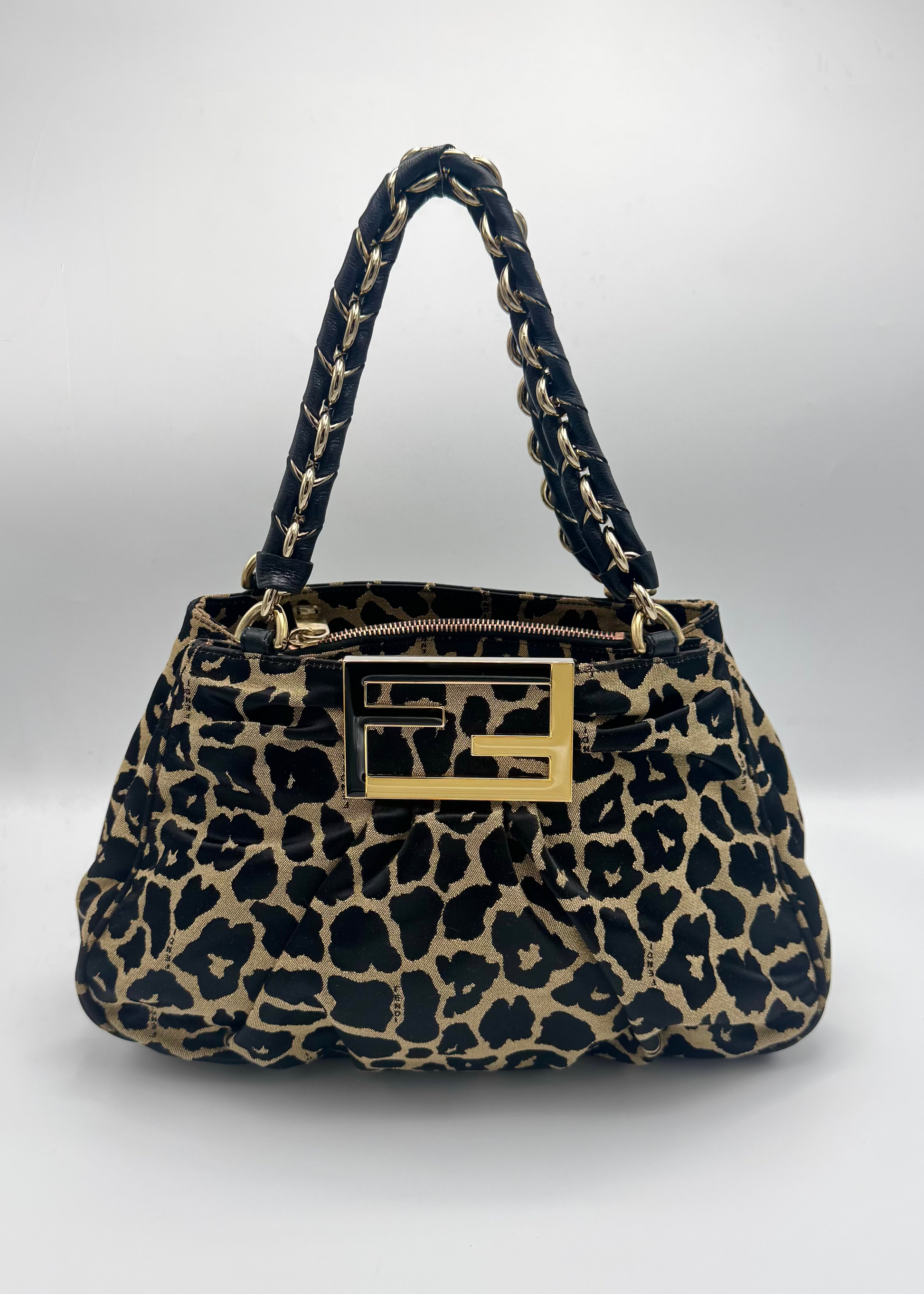 Vintage Fendi Mia Leopard Canvas Shoulder Bag
