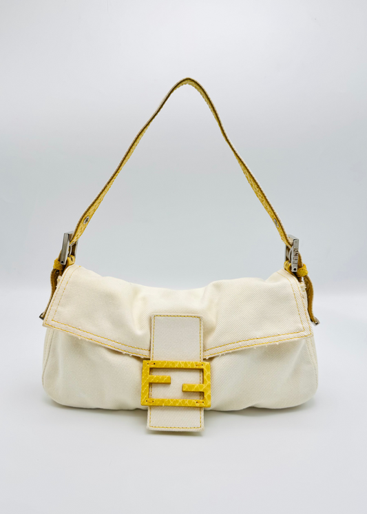 Vintage Fendi White Denim & Yellow Baguette Bag