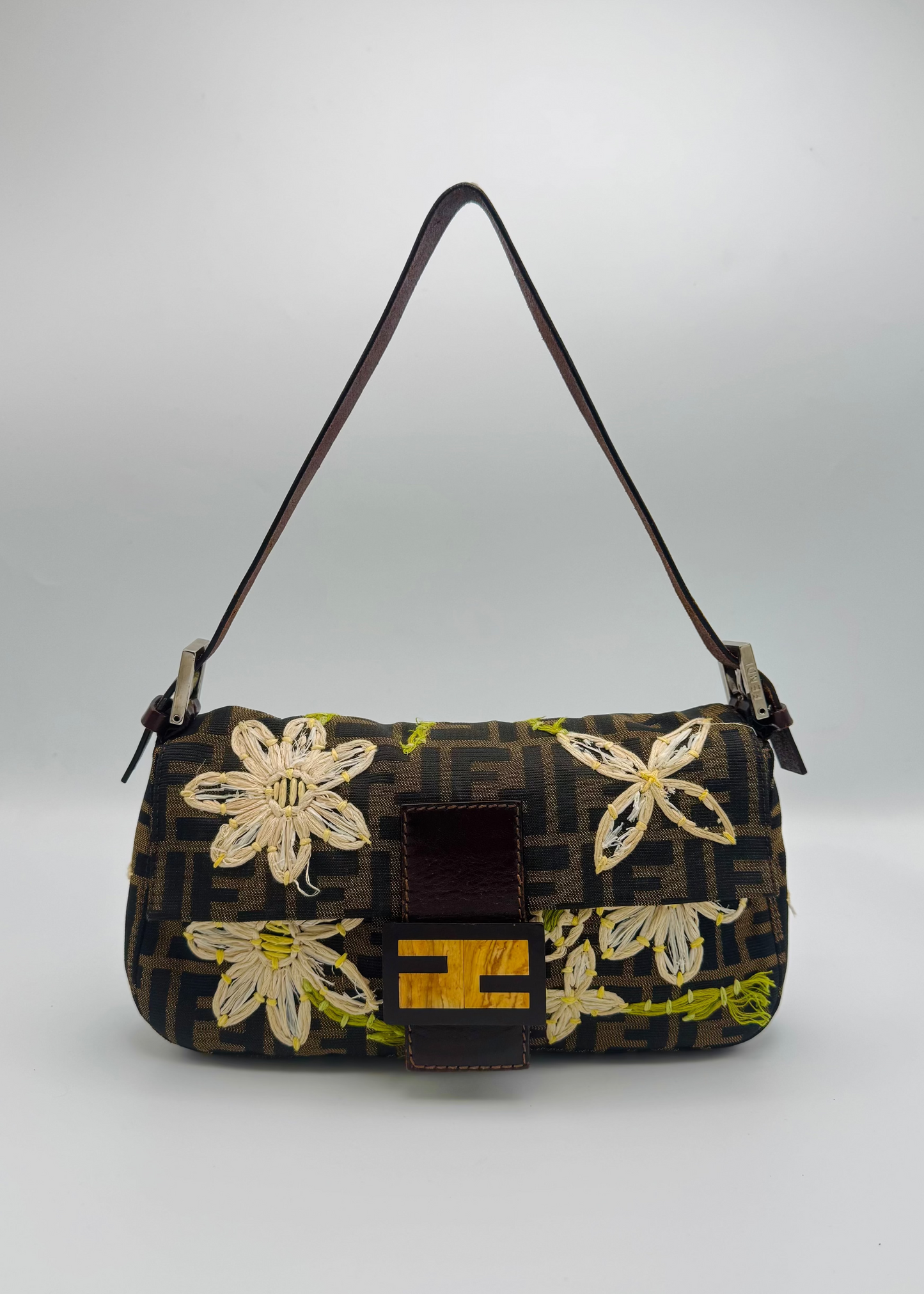 Vintage Fendi Zucca Floral Embroidered Baguette