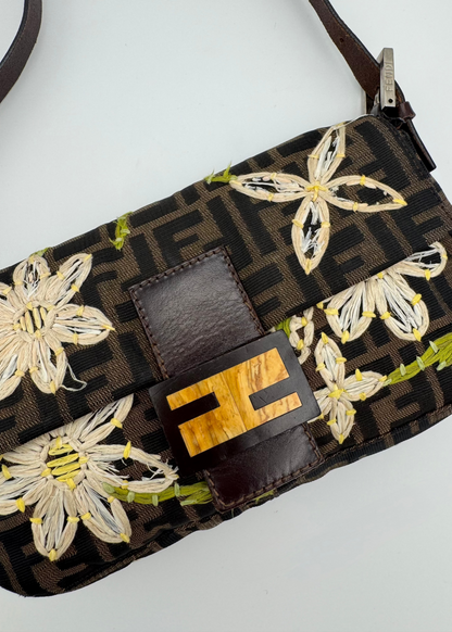 Vintage Fendi Zucca Floral Embroidered Baguette