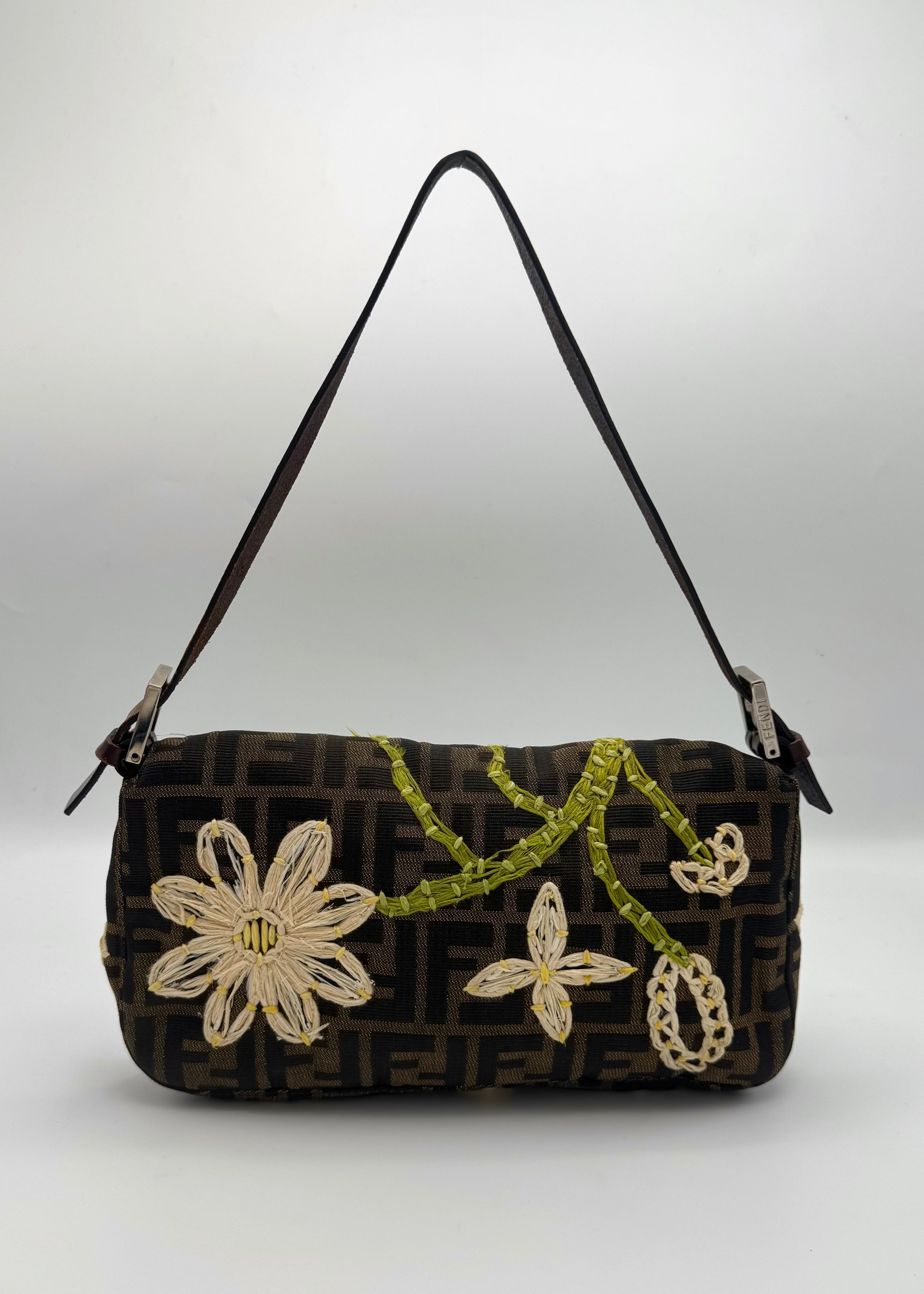 Vintage Fendi Zucca Floral Embroidered Baguette