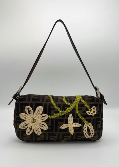 Vintage Fendi Zucca Floral Embroidered Baguette