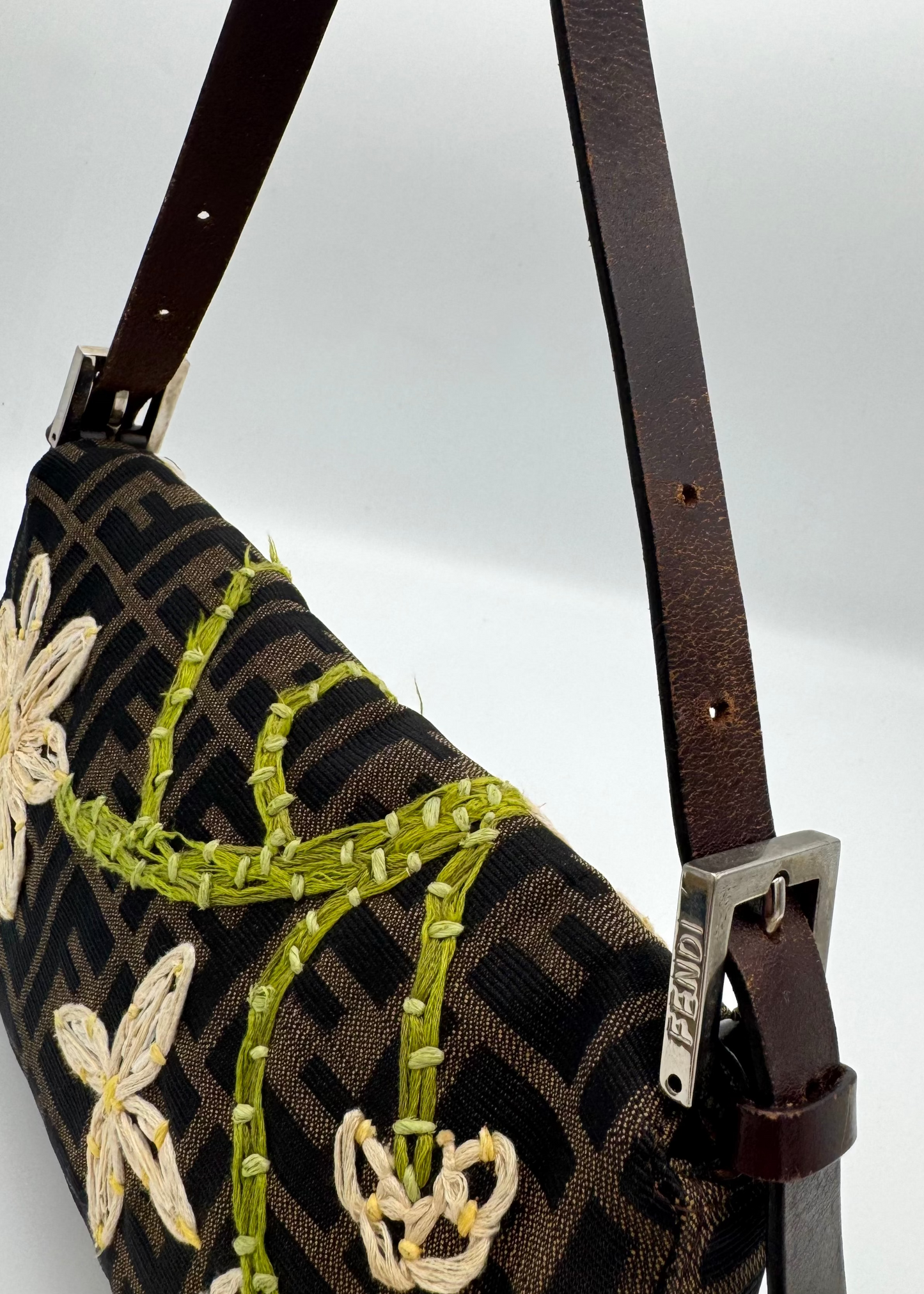 Vintage Fendi Zucca Floral Embroidered Baguette