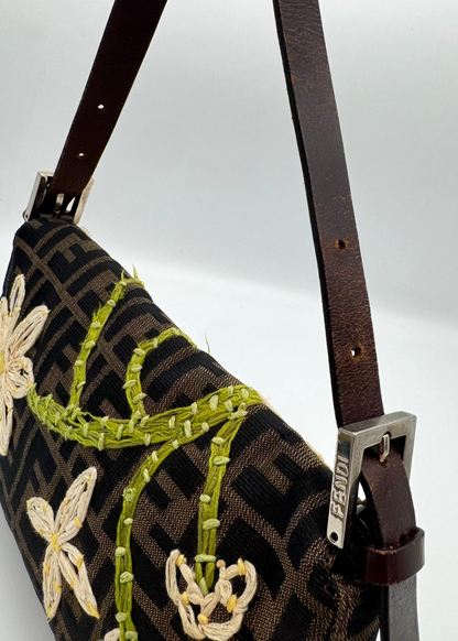 Vintage Fendi Zucca Floral Embroidered Baguette