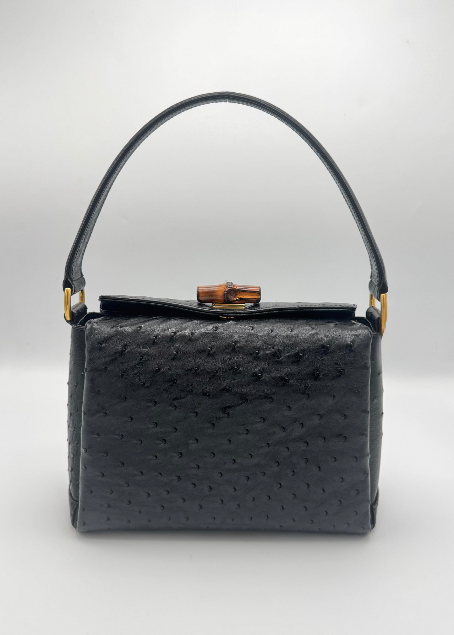 Vintage Gucci Ostrich Top Handle Bag with Bamboo Push Lock Closure